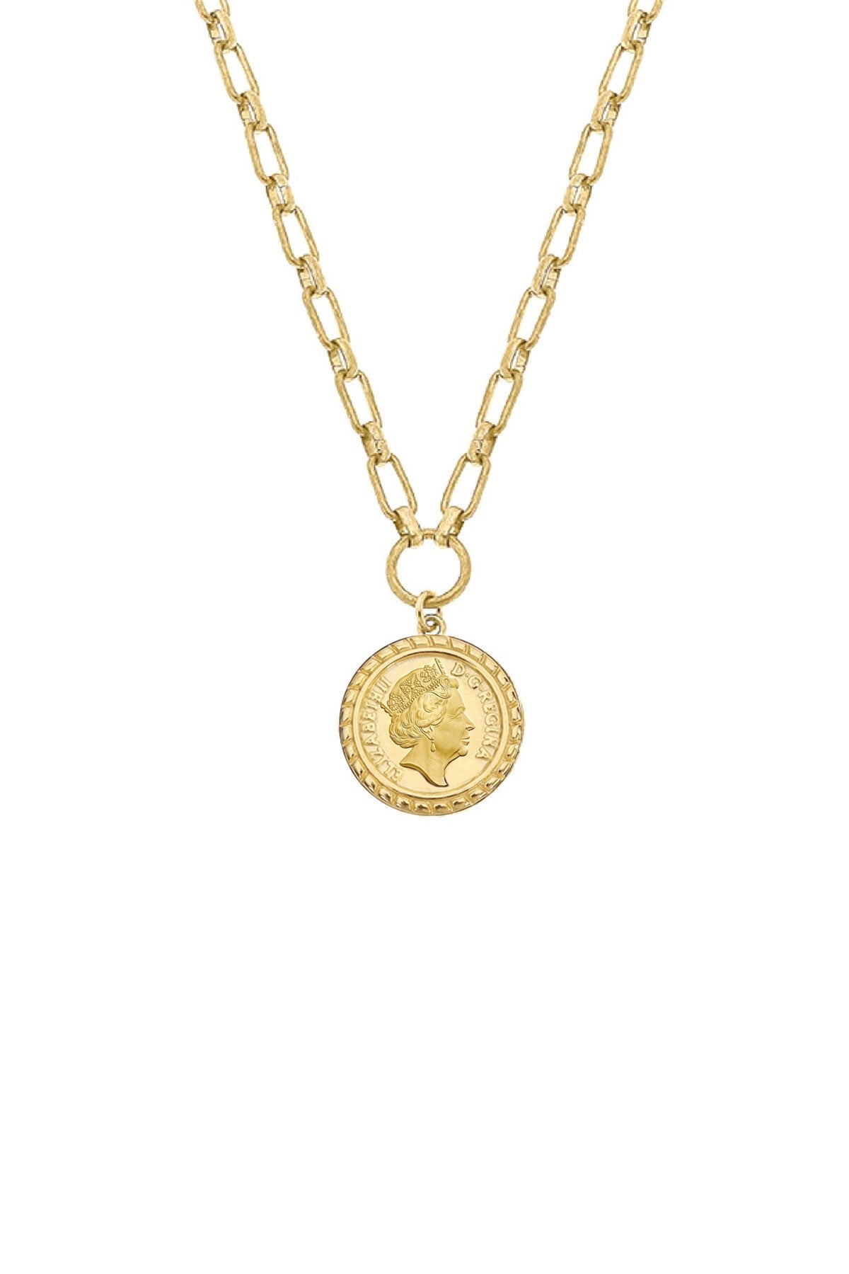 Queen Elizabeth Coin Necklace in Worn Gold