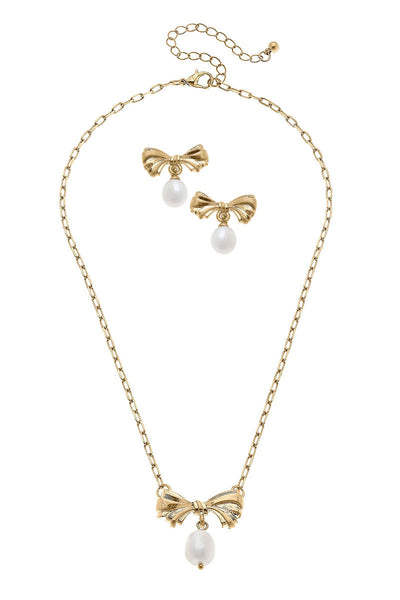 Cici Bow & Pearl Earring and Necklace Set