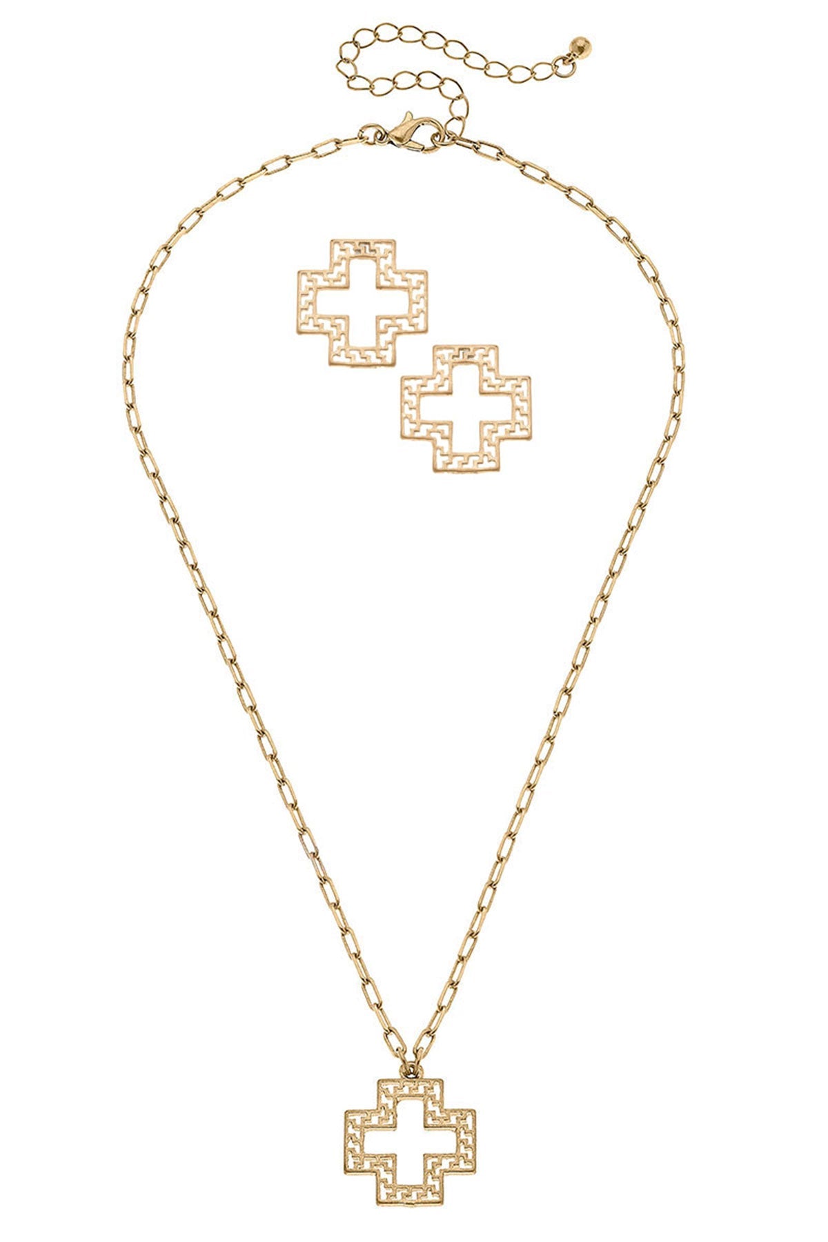 Cameryn Greek Keys Cross Earring and Necklace Set