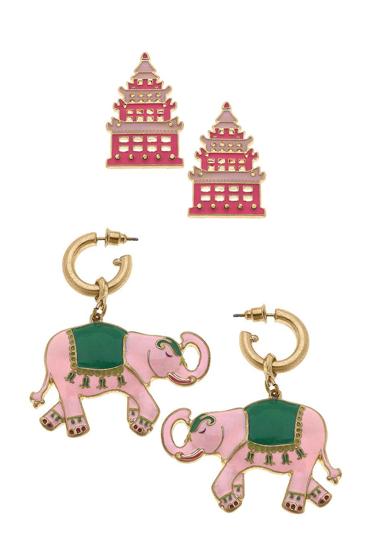 Tiffany Enamel Pagoda Stud and Livy Elephant Earring Set