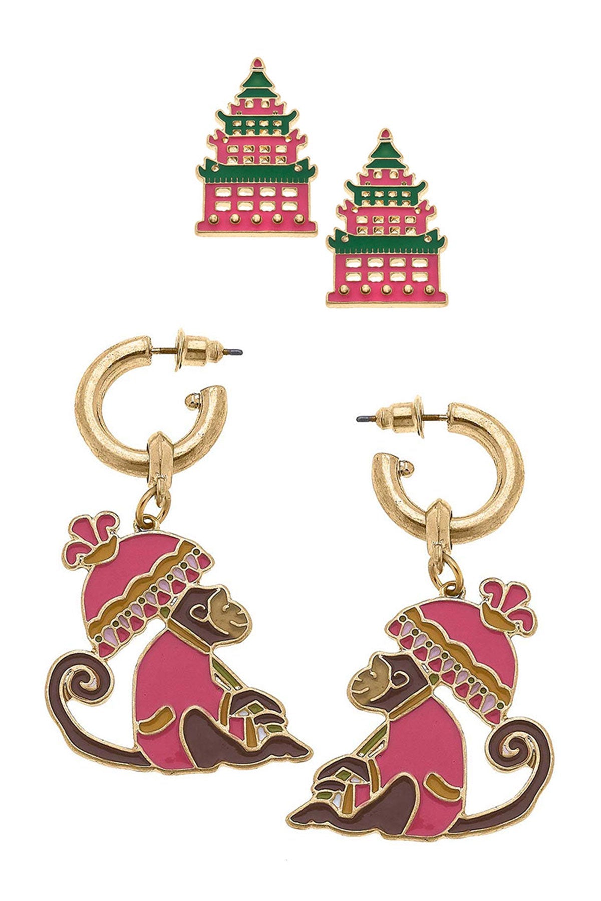 Tiffany Enamel Pagoda Stud and Remy Monkey Earring Set