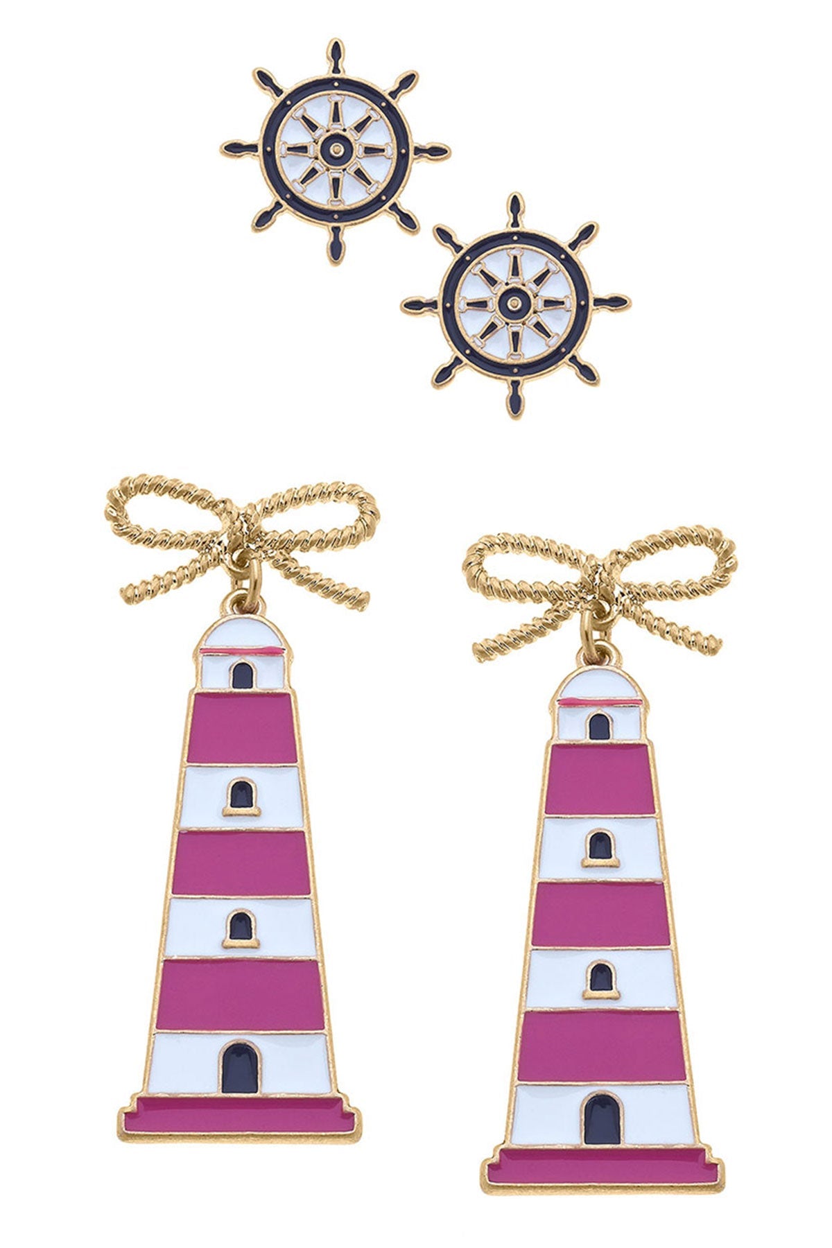 Bridget Navy Nautical Ship's Wheel Stud and Luna Pink Lighthouse Earring Set
