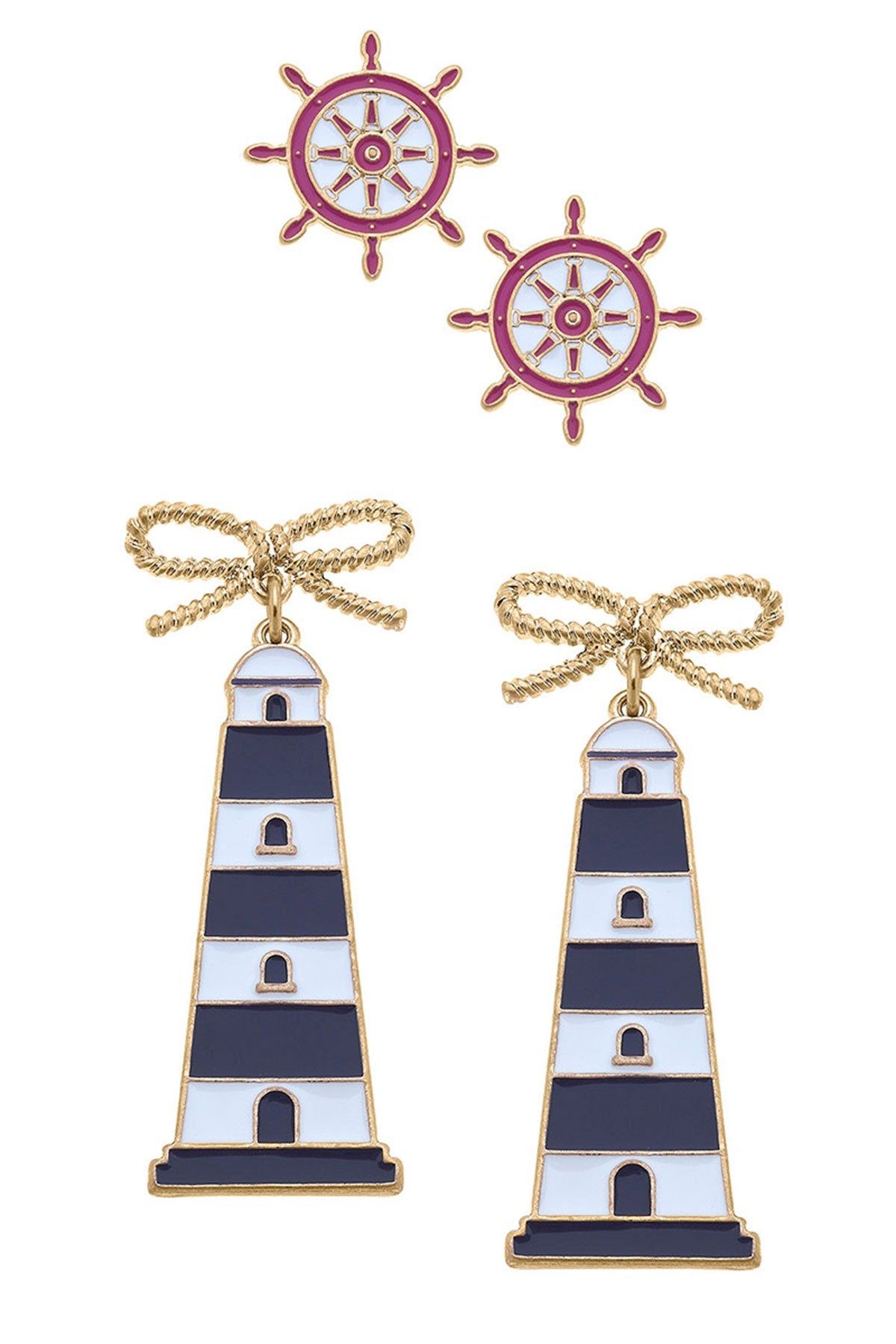 Bridget Pink Nautical Ship's Wheel Stud and Luna Navy Lighthouse Earring Set