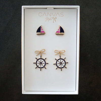 Penny Pink Sailboat Stud and Bobbie Navy Ship's Wheel Earring Set