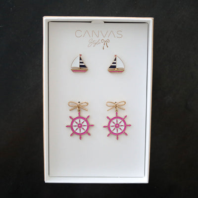 Penny Navy Sailboat Stud and Bobbie Pink Ship's Wheel Earring Set