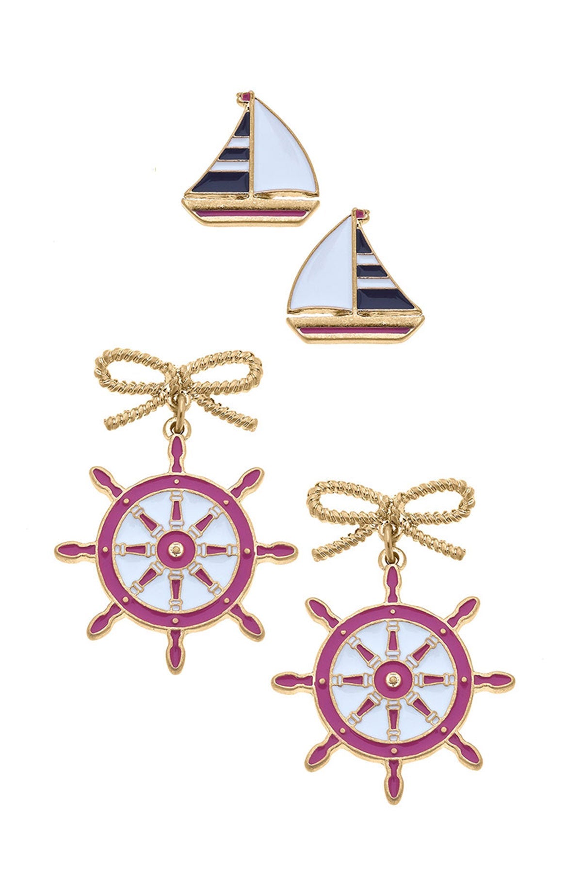 Penny Navy Sailboat Stud and Bobbie Pink Ship's Wheel Earring Set