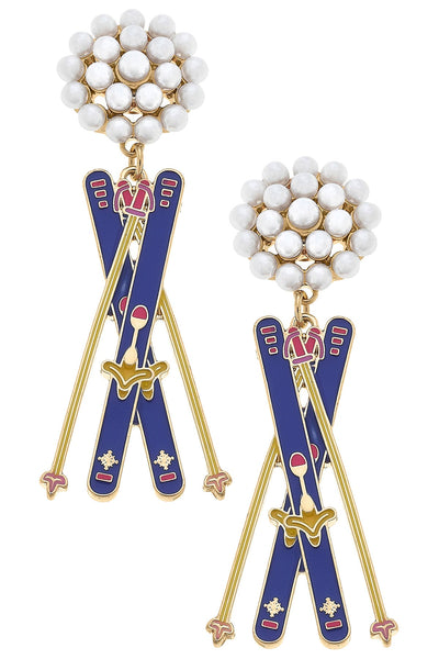 Aspen Ski Pearl Cluster Enamel Earring in Royal Blue