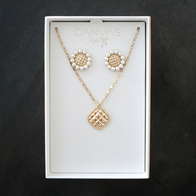 Quilted Metal Earring and Necklace Set in Worn Gold