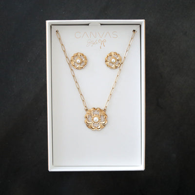 Marquette Acanthus & Pearl Earring and Necklace Set in Worn Gold