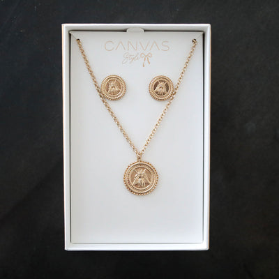 Lizette Bee Medallion Earring and Necklace Set in Worn Gold