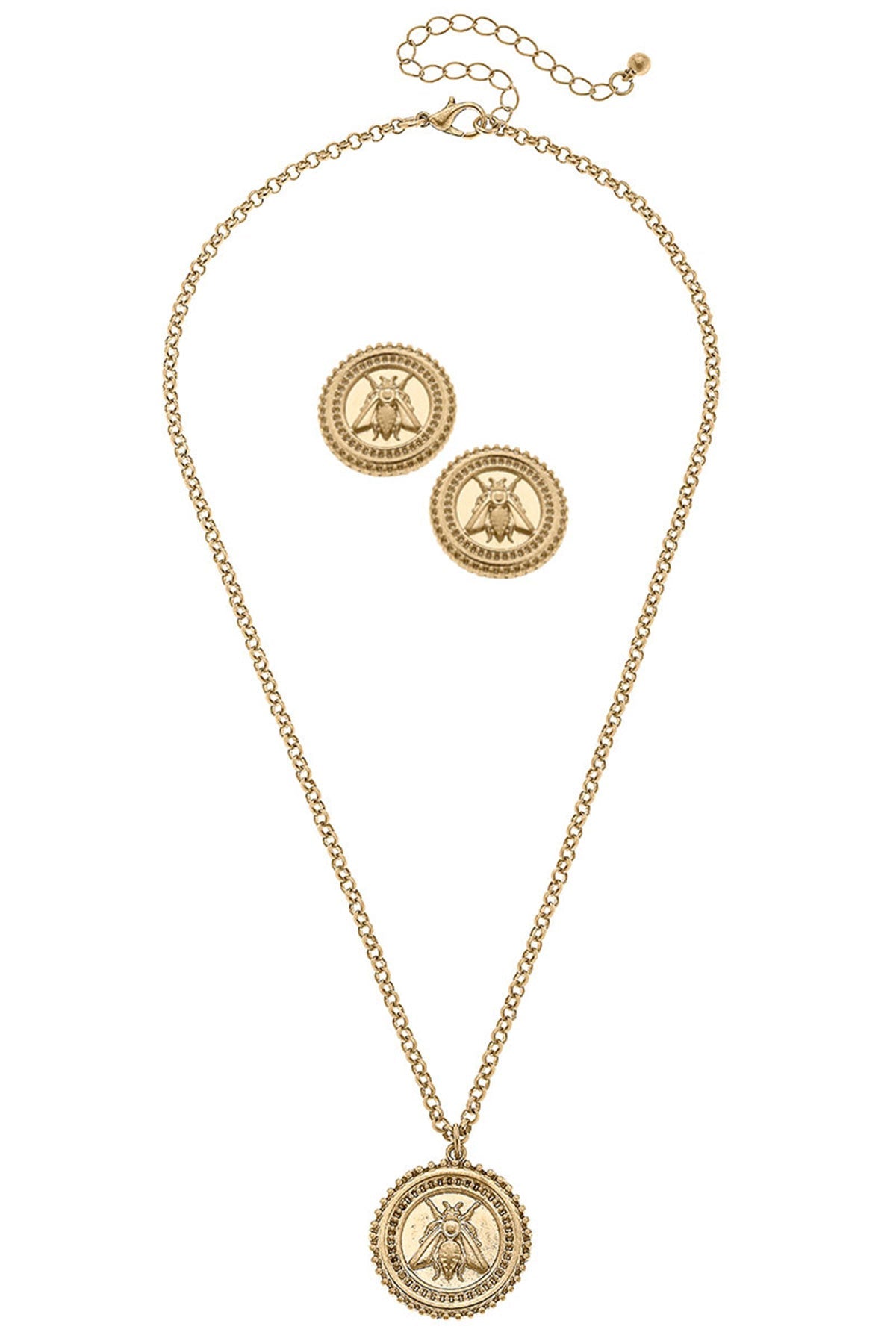 Lizette Bee Medallion Earring and Necklace Set in Worn Gold