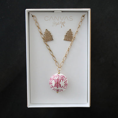 Pagoda Earring and Chinoiserie Necklace Set in Pink & White