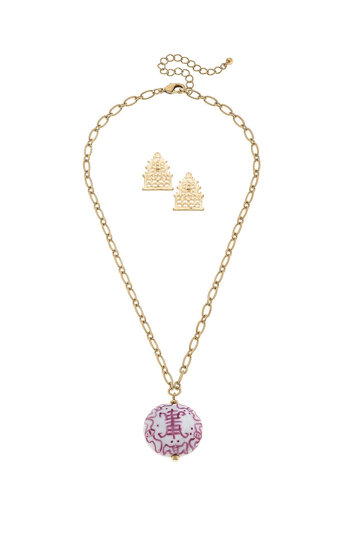 Pagoda Earring and Chinoiserie Necklace Set in Pink & White