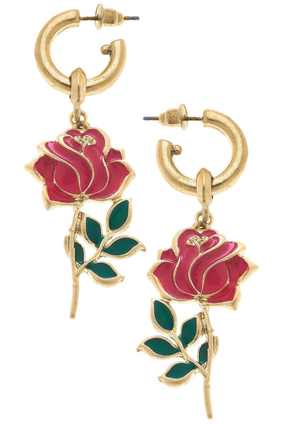 Gianna Rose Flower Enamel Drop Hoop Earrings in Worn Gold