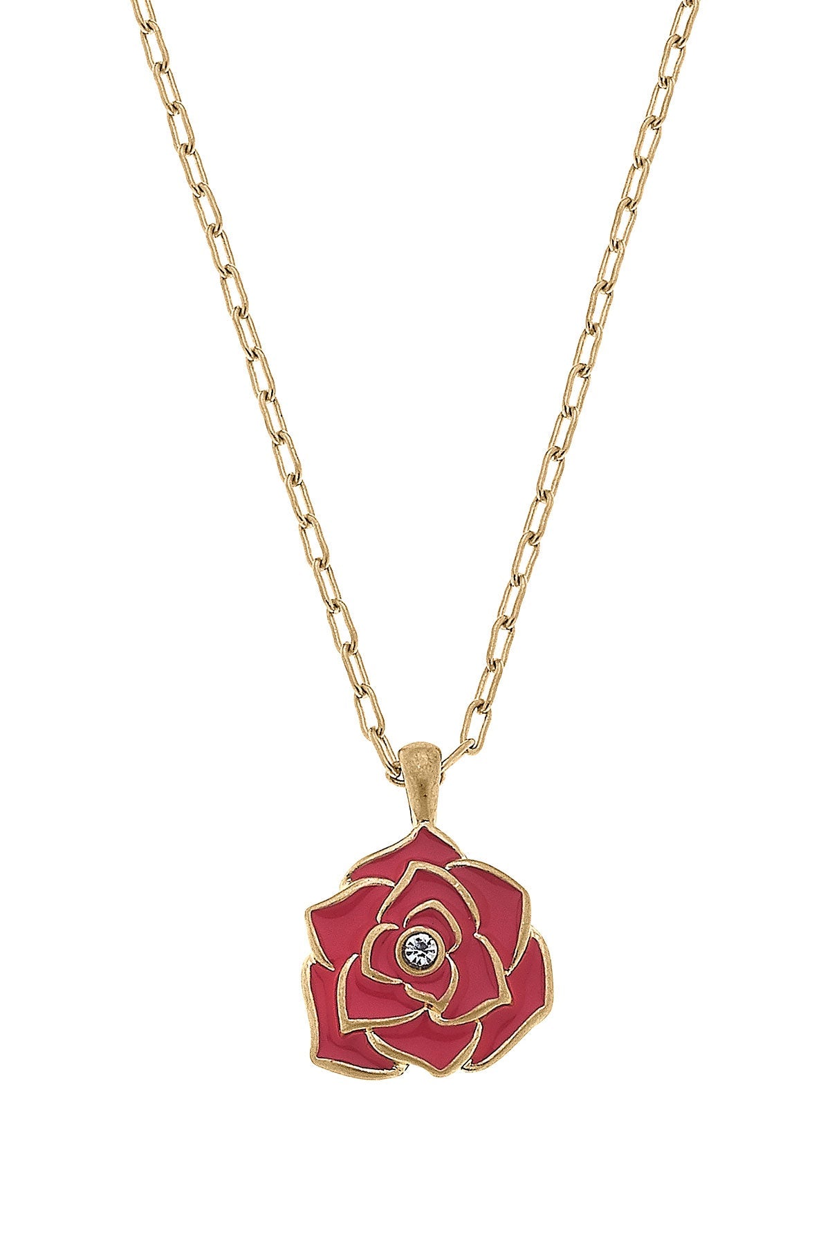 Isabella Enamel Rose Pendant Necklace in Worn Gold