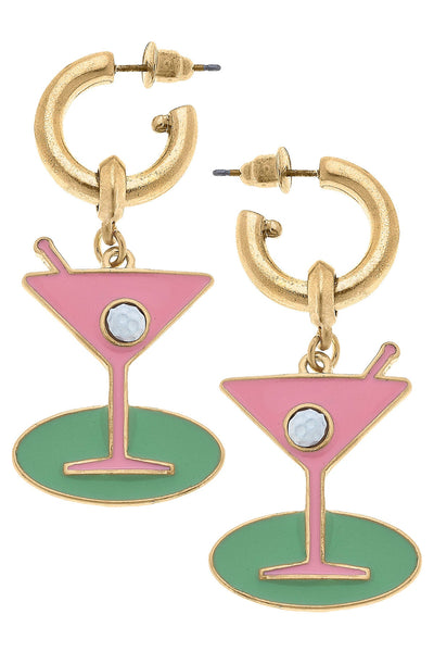 Country Club Martini Drop Hoop Earrings in Pink