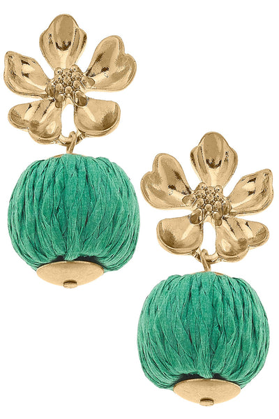 Lilah Flower Stud with Raffia Ball Earring in Green