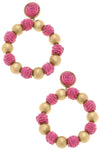 Demi Raffia and Ball Bead Drop Hoop Earrings in Pink