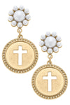 Candace Coin Cross Pearl Drop Earrings in Worn Gold
