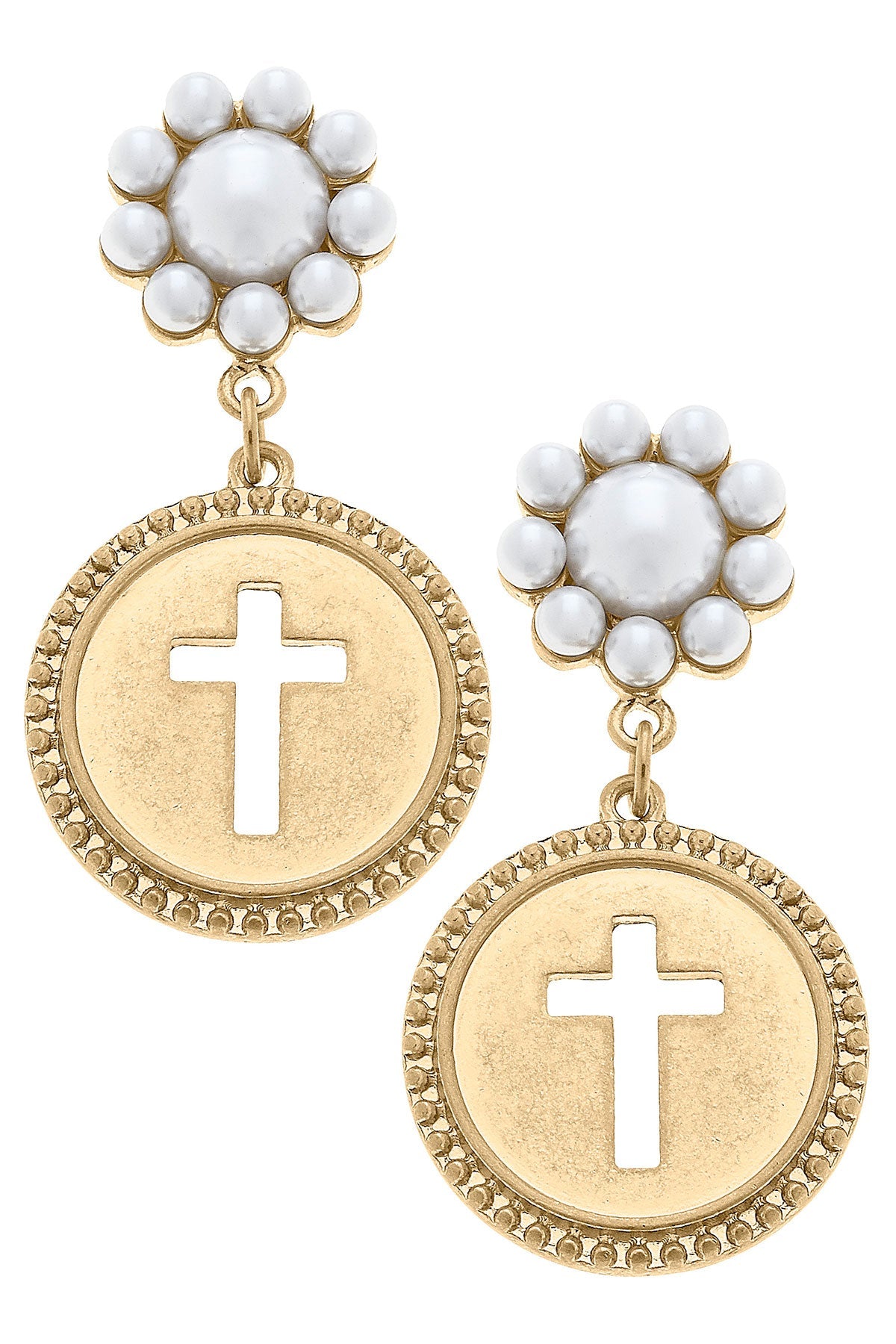 Candace Coin Cross Pearl Drop Earrings in Worn Gold