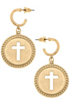 Candace Coin Cross Drop Hoop Earrings in Worn Gold