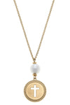 Candace Coin Cross with Pearl Necklace in Worn Gold