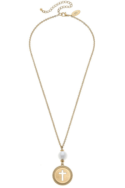 Candace Coin Cross with Pearl Necklace in Worn Gold