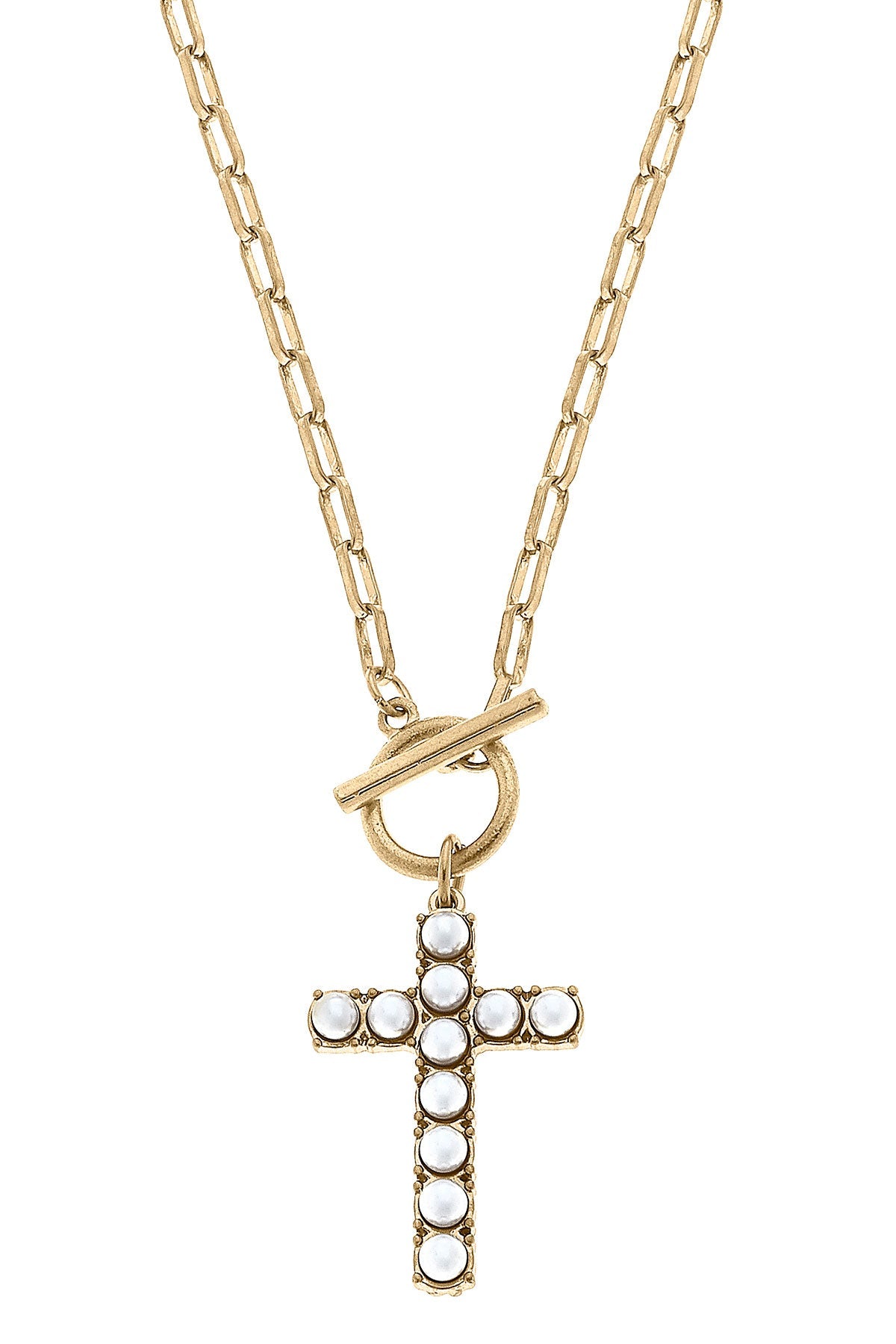 Ruth Delicate Pearl Cross Necklace in Worn Gold