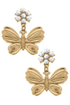 Millie Butterfly Pearl Cluster Drop Earrings in Worn Gold