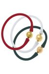 Bali 24K Gold Silicone Bracelet Holiday Stack of 3 in Red, White & Hunter Green