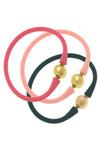 Bali 24K Gold Silicone Bracelet Holiday Stack of 3 in Pink, Light Pink & Hunter Green