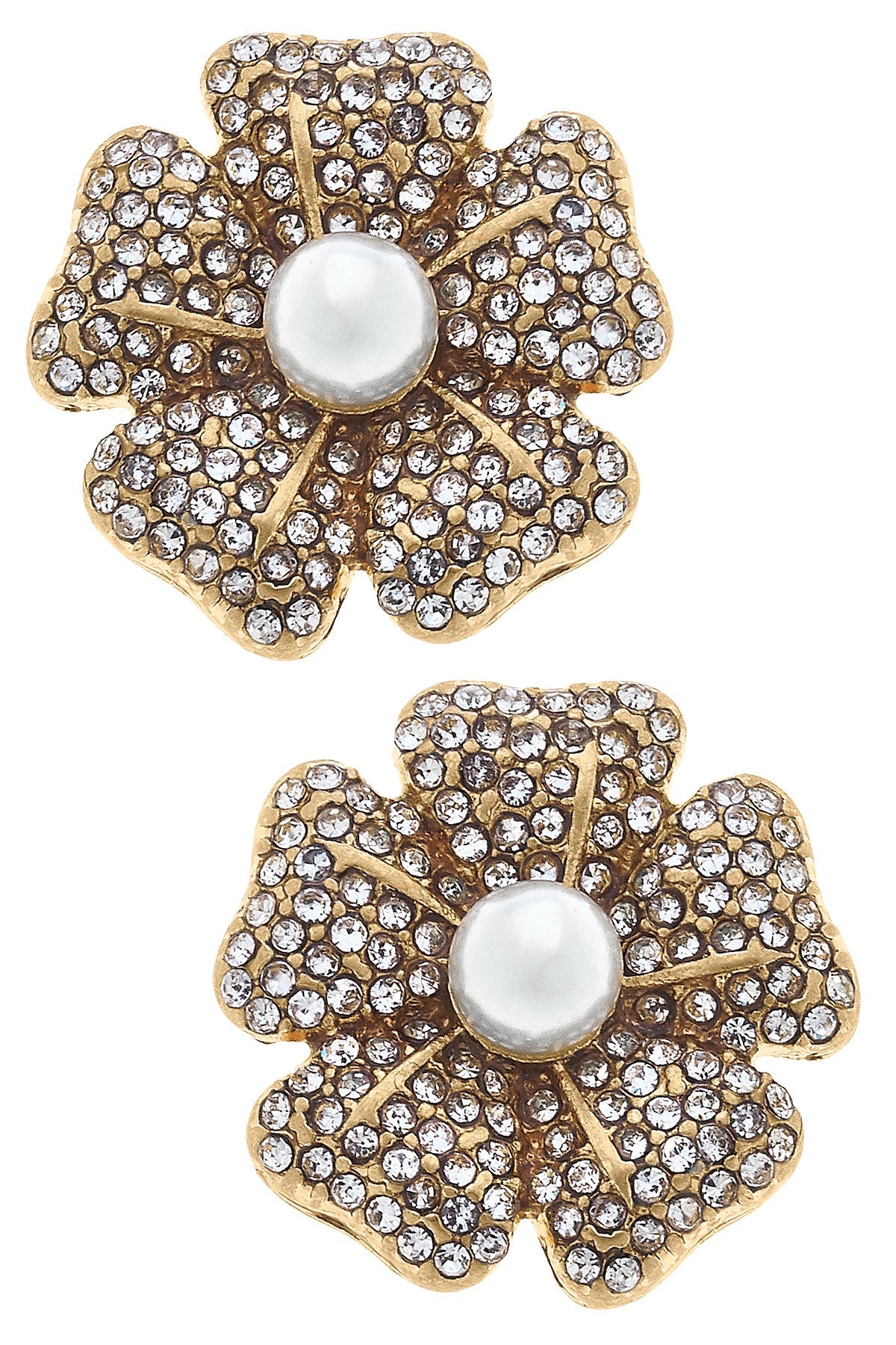Gabbi PavÃ© Flower with Pearl Stud Earrings in Worn Gold