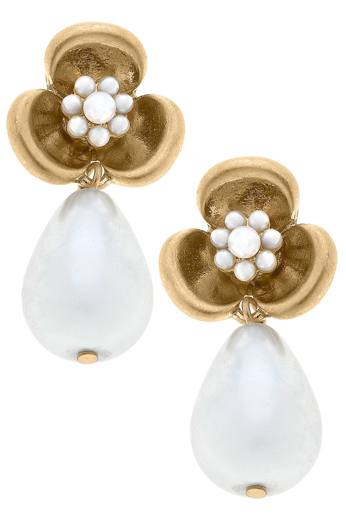 Jeanie Flower with Pearl Drop Earrings in Worn Gold