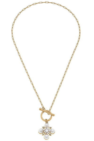 Dakota Pearl & Rhinestone Cross Necklace in Ivory