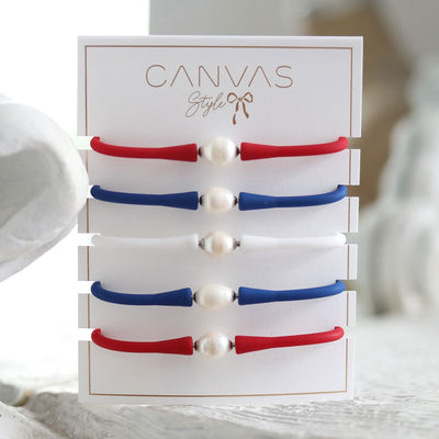 Bali Freshwater Pearl Silicone Bracelet Stack of 5 in Red, White & Royal Blue